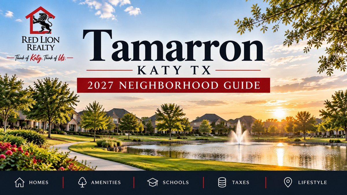 Illustrative Tamarron Katy TX 2027 neighborhood guide with Red Lion Realty branding