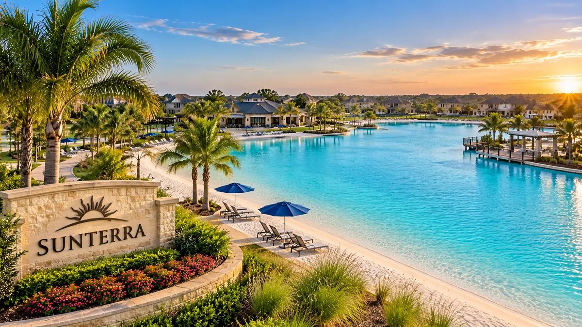 Illustrative resort-style lagoon scene for the Sunterra Katy TX neighborhood guide
