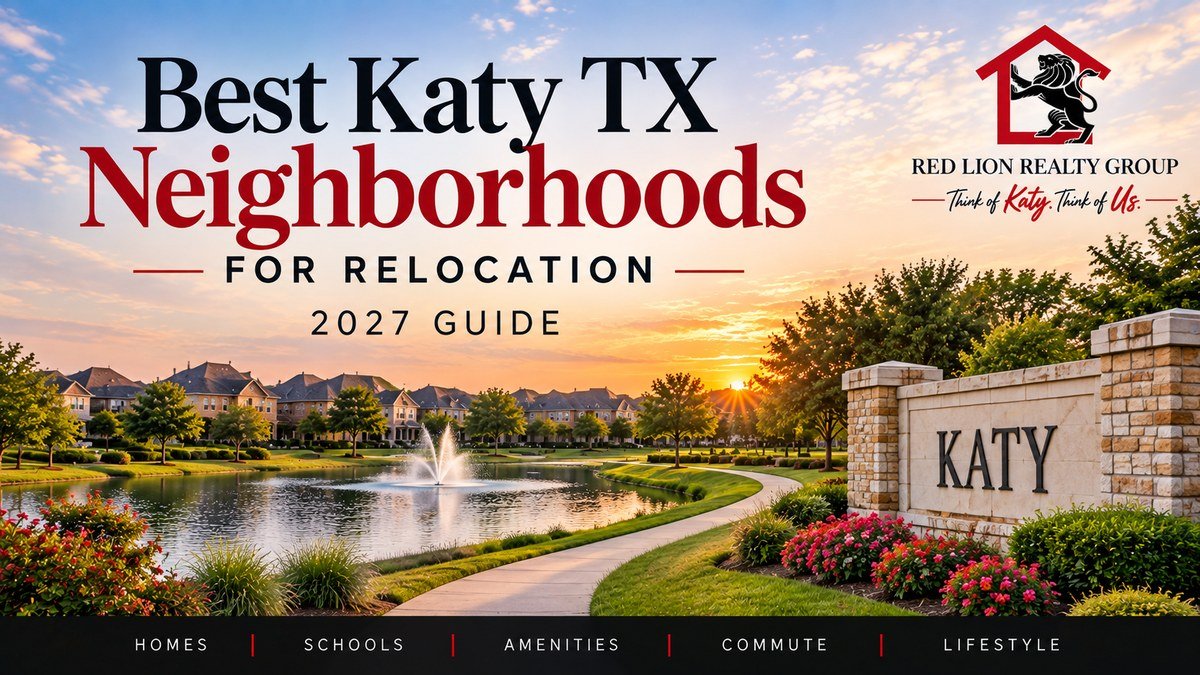 Illustrative 2027 relocation guide to Katy TX neighborhoods featuring a landscaped residential community