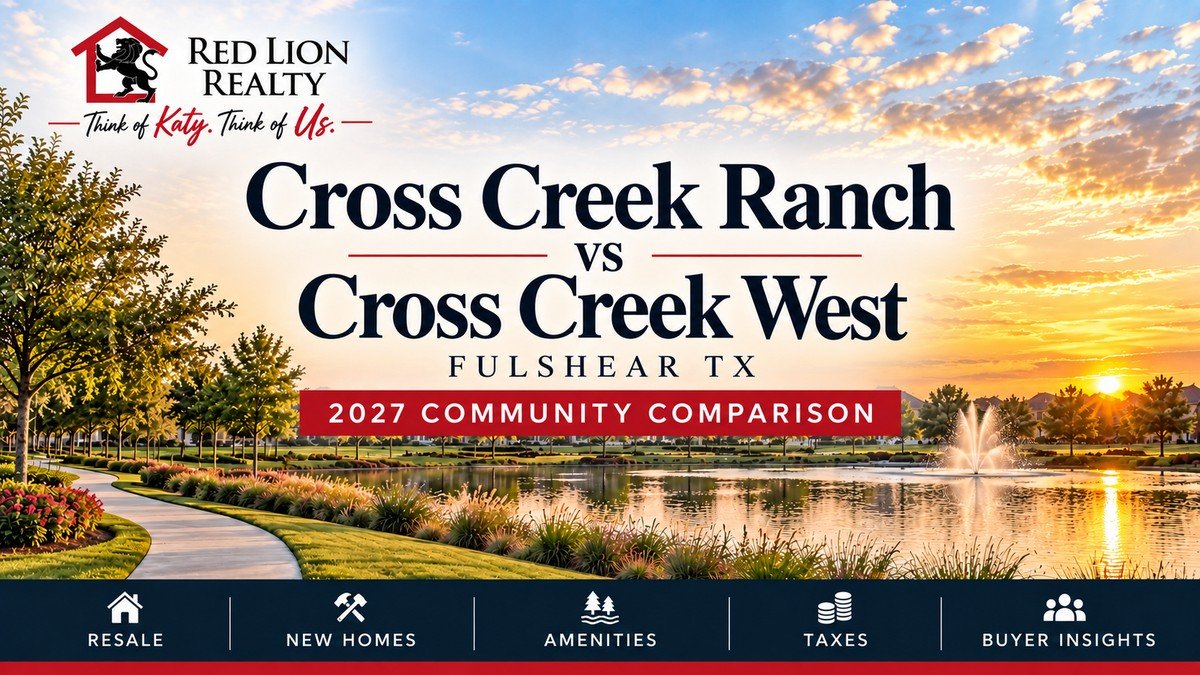 Illustrative Cross Creek Ranch vs Cross Creek West Fulshear TX 2027 community comparison with Red Lion Realty branding