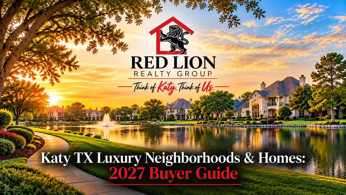 Luxury homes around a landscaped lake in the Katy TX area