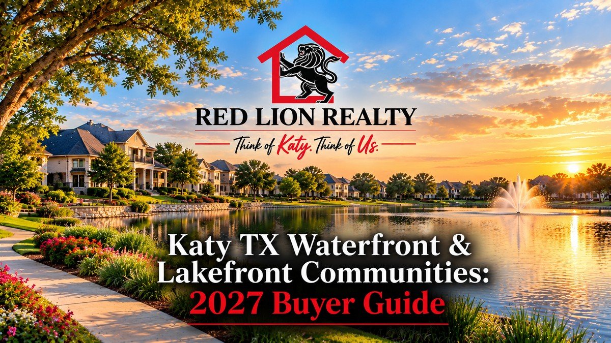 Waterfront homes around a landscaped lake in the Katy TX area
